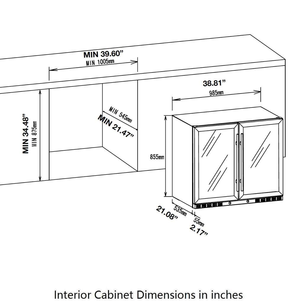 Built-in cutout and installation diagram for the Beer & Wine Dual-Zone Cooler