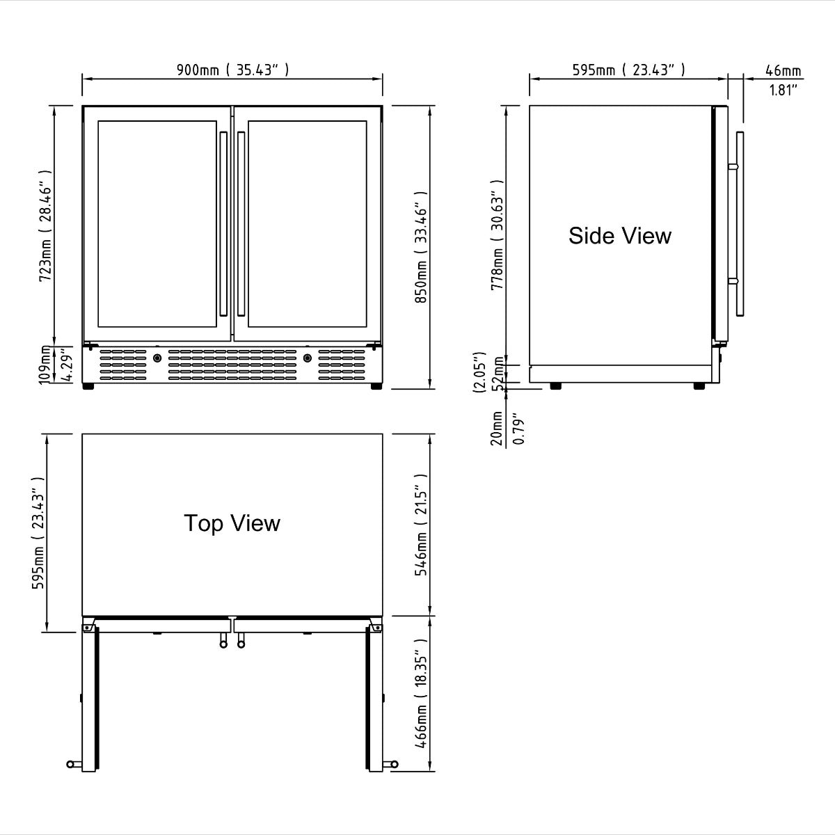 Technical exterior dimensions diagram for the 36-Inch Beer and Wine Cooler Combination