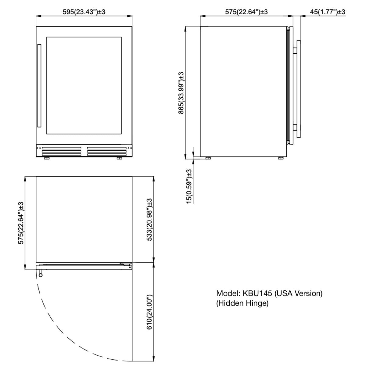 Technical dimensions diagram for the ultimate under-bench wine and beverage refrigerator combo