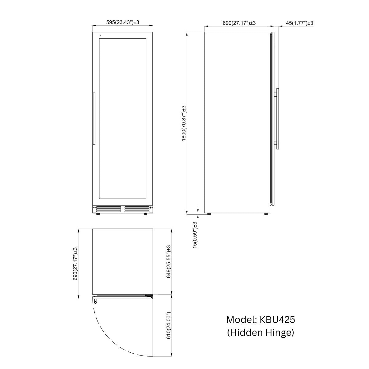Technical dimensions diagram for the ultimate upright wine and beverage refrigerator combo