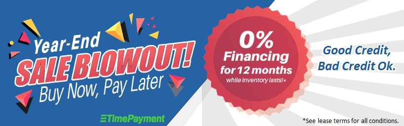 Colorful banner for a year-end blowout on Dynamo 7' Black Arctic Wind Air Hockey Table! 0% financing for 12 months & buy now, pay later. All credit ok. See lease terms for details.
