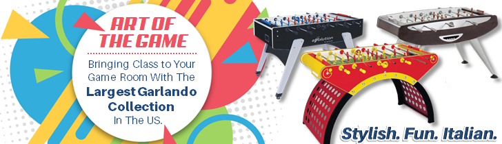 Three Garlando G-500 Blue weatherproof foosball tables with promotional text about the collection.