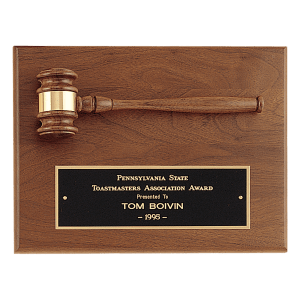 PG2782-595322d2 Solid Walnut Plaque with a Walnut Gavel, Gold Gavel Band and Black Laserable Brass Plate - Image 1