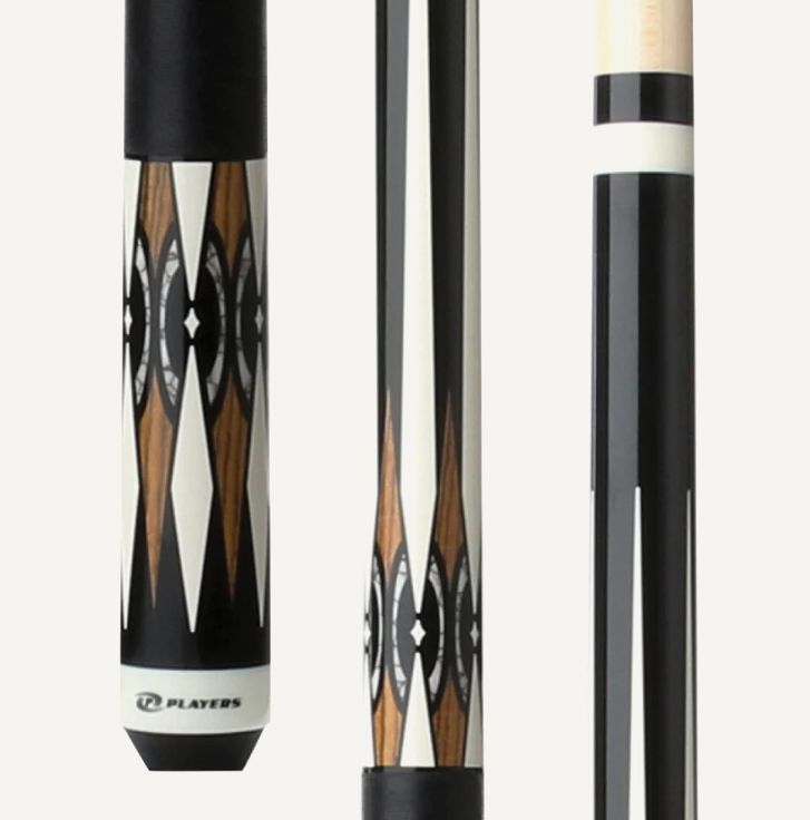PlayersBlackandBacoteCuewithBlackLinenWrap Players Midnight Black w/Imt. Bone, Bacote & White Recon Graphic, Solid Black Linen Wrap Cue Stick - Image 1