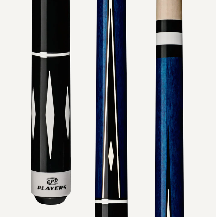 PlayersblueandWhiteDiamondWraplessCue Players Deep Blue Maple w/4 Overlay Black/White Pts, White Diamonds, Black Simulated Wrap Cue Stick - Image 1