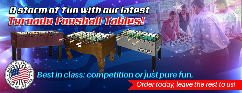 Advertisement showcases three premium foosball tables, including the Tornado Sport II Foosball Table in Weathered Walnut by Tornado, against a blue-purple starry background. "Best in class" text, Made in the USA badge, and a bold red order prompt included.
