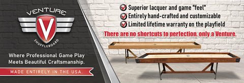 The Venture Buckhead Sport 12' Shuffleboard Table showcases handcrafted, custom wood design.