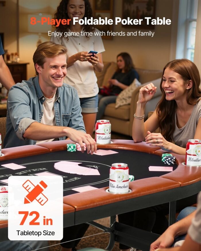 Foldable Poker Table, 8 Player 72 in Folding Casino Leisure Table with Padded Rails and Cup Holders, Oval Portable Game Tables with Felt & Metal Legs, for Texas Holdeem Game and Blackjack - Image 3