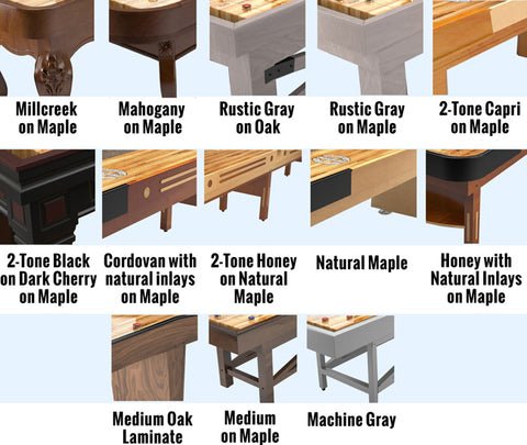 A collage of wood tables, featuring the Champion Venetian 20' Shuffleboard Table by Champion.
