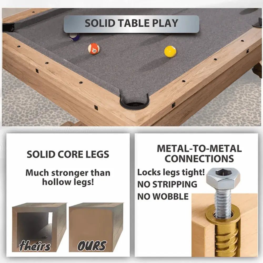 Close-up of Rockford pool table K66 cushions, wool-blend felt, and antique metal accents