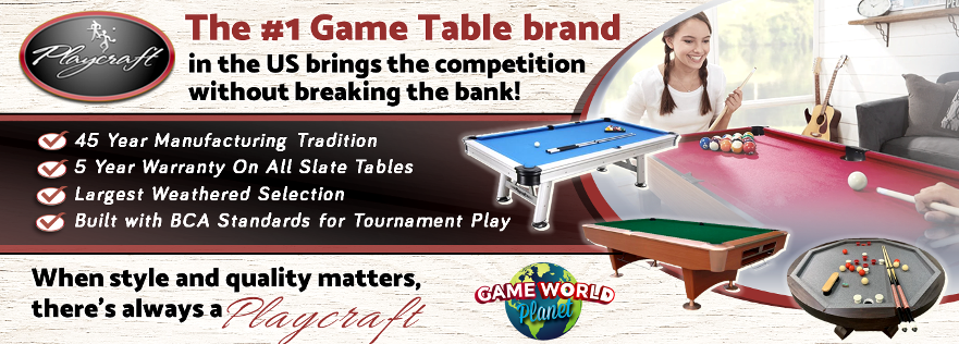 A Playcraft ad features the Boca 8' Slate Pool Table in Natural Driftwood, highlighting modern style, BCA-grade slate build, a 45-year legacy, 5-year warranty, and quality craftsmanship. “When style and quality matter, choose Playcraft.”.