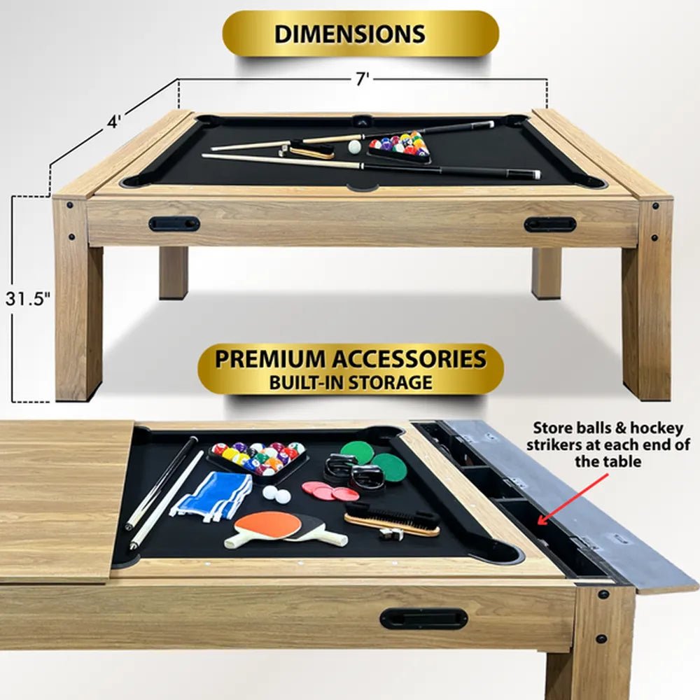 Transformer 7-foot 4-in-1 game table configured for air hockey with aluminum-capped rails and high-powered air system