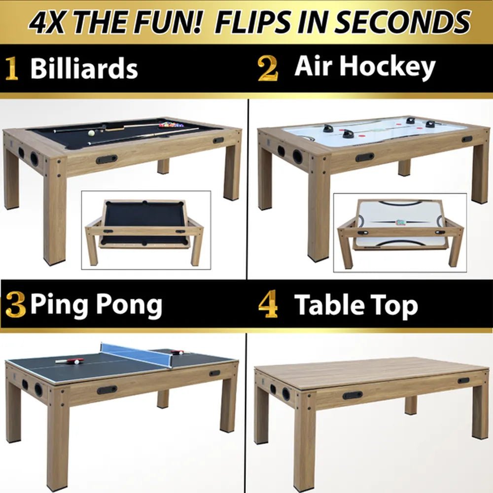 Freetime Fun The Transformer 7-foot 4-in-1 multi-game table with swivel cabinet and wood-grained melamine finish set up for billiards