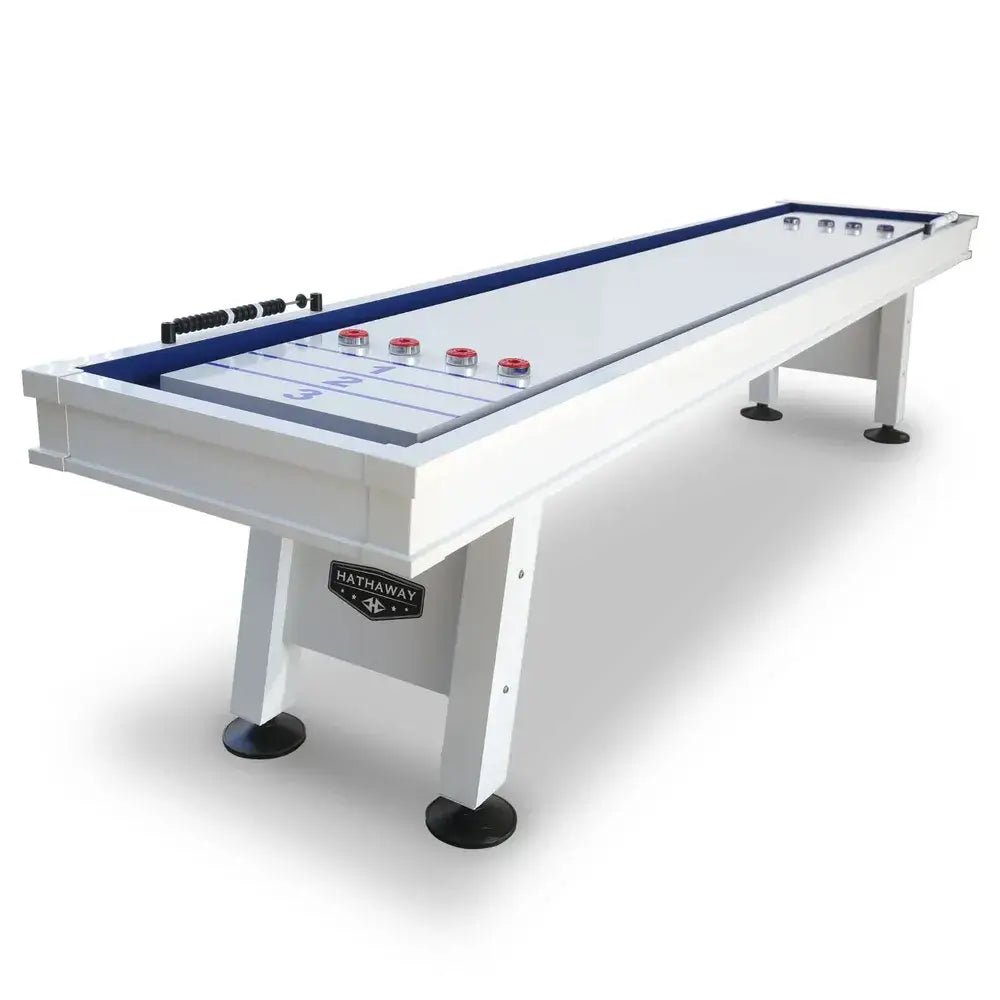 Hathaway Crestline 12-ft outdoor shuffleboard table in white finish set up on a backyard patio
